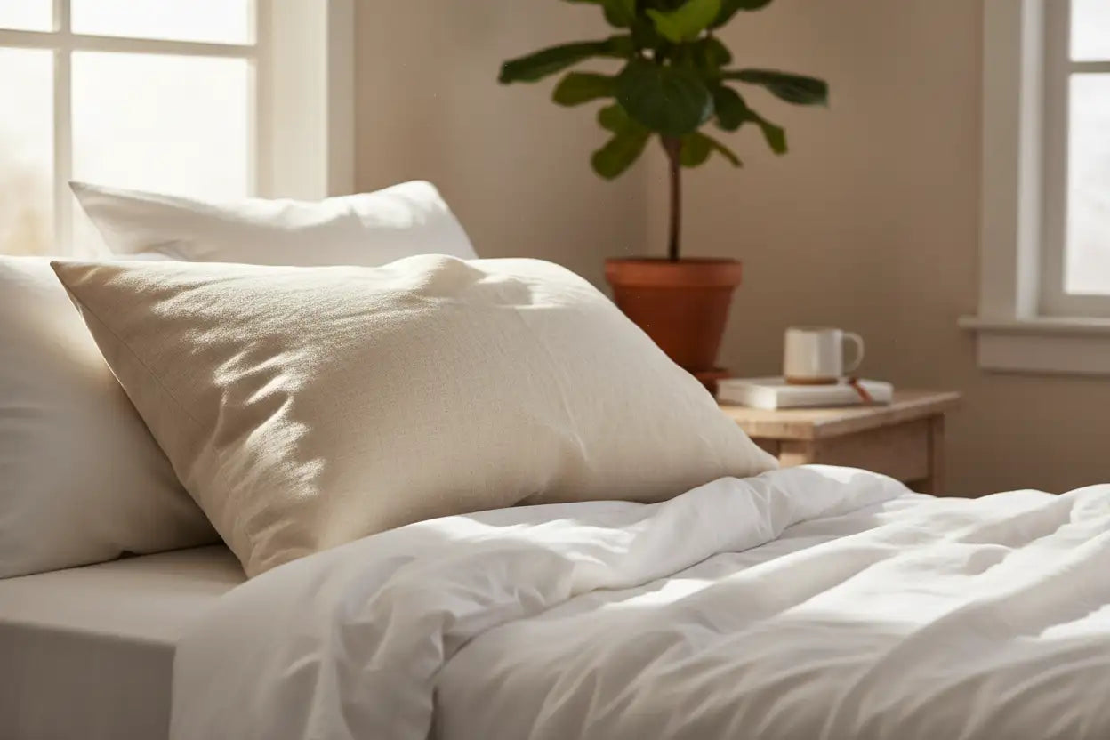 Cream-colored linen pillow with soft, textured fabric and subtle natural folds.
