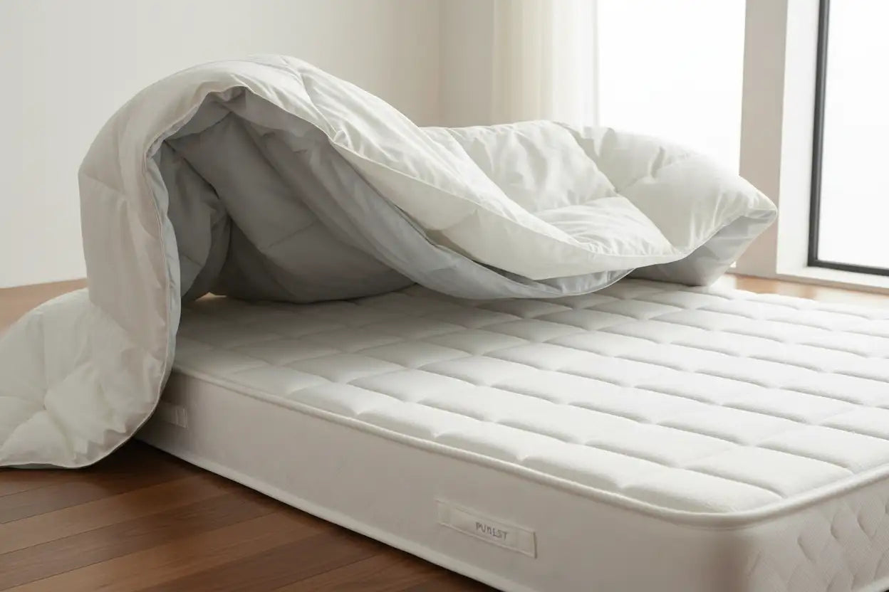 White quilted mattress with a matching duvet partially draped over it.